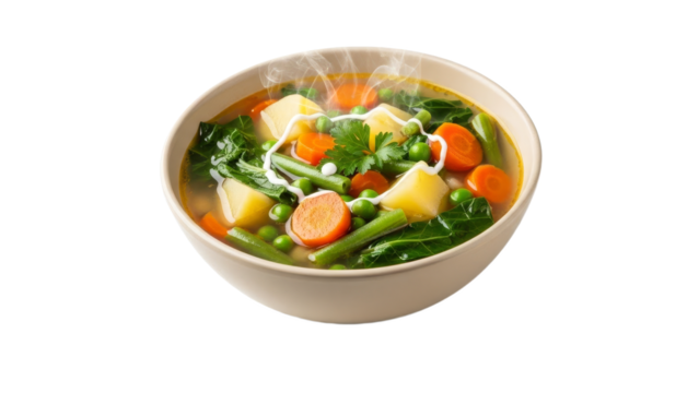 Steaming bowl of hearty vegetable soup on a white background showcasing a nutritious and warm meal option for healthy lifestyle choices