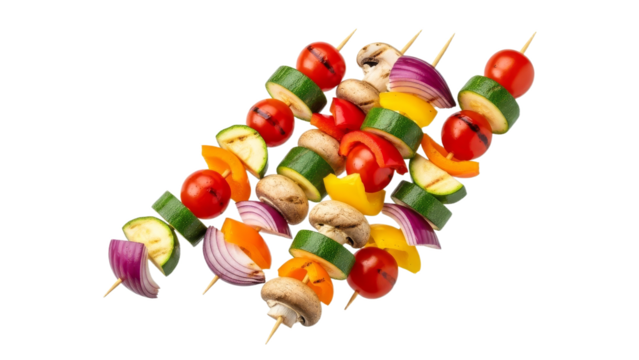 Colorful vegetable skewers on white background showcasing fresh ingredients and healthy eating concept on a plain white canvas