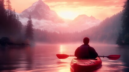 A vivid, highresolution digital artwork depicting a serene, tranquil lakeside scene during what appears to be either dawn or dusk. The sky is painted in hues of pink, orange, and purple.