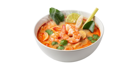 Authentic tom yum goong soup, a flavorful thai delicacy presented in a classic white bowl