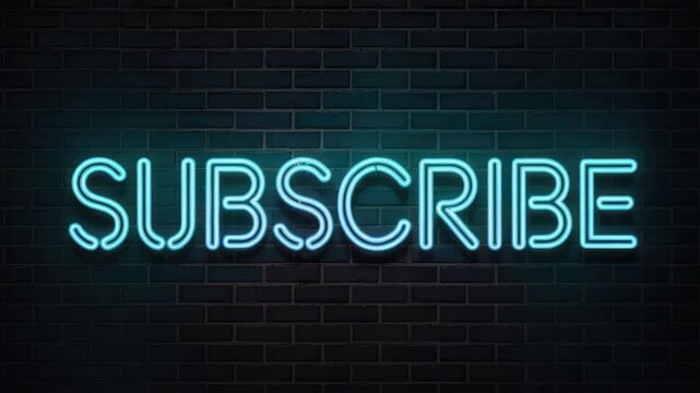 Subscribe now neon sign glowing brightly on dark brick wall background for social media video