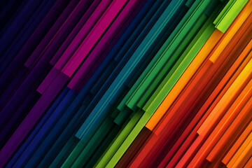 A vibrant abstract background displays an array of colorful parallel bars arranged diagonally with a gradient from dark purple to bright orange suggesting a spectrum of hues