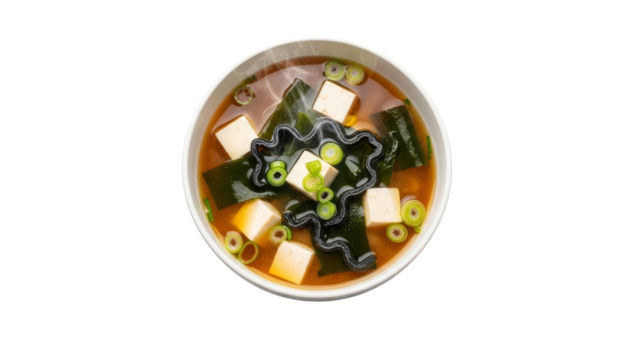 Exquisite aerial presentation of steaming miso soup featuring tofu and wakame in a sleek bowl