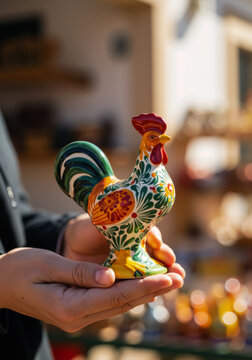 Hands holding a traditional Portuguese ceramic rooster figurine. Colorful Galo de Barcelos souvenir with floral patterns. Symbol of Portugal culture and tourism