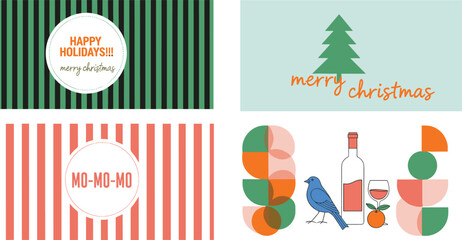 Modern Christmas greeting card set with geometric shapes, festive stripes, holiday messages, wine, bird illustration, and colorful minimalist seasonal design elements