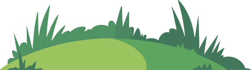 Minimal flat illustration of a green grassy hill with stylized bushes and foliage on a clean white background, ideal for nature scenes, banners, and kids projects