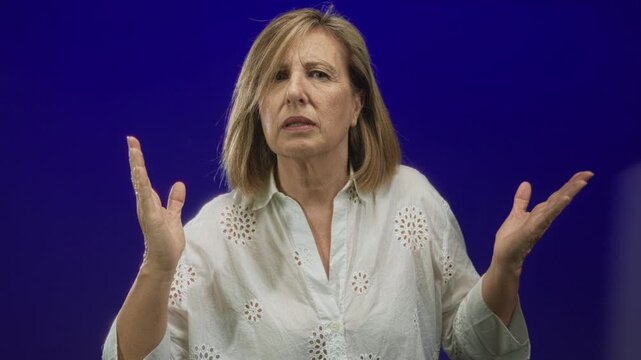 Woman in white eyelet blouse raises clenched fist and tilts head against purple studio setting; confusion.