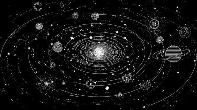 Monochrome detailed illustration of a celestial solar system or galaxy, planets and stars orbiting in the vast dark universe.