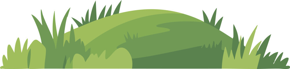 Minimal flat illustration of a green grassy hill with stylized bushes and foliage on a clean white background, ideal for nature scenes, banners, and kids projects