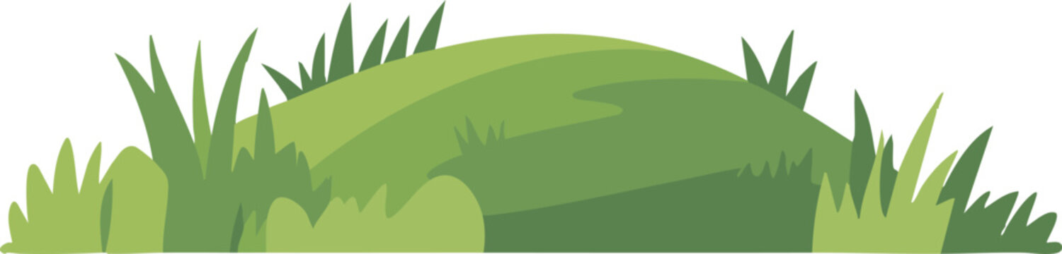 Minimal flat illustration of a green grassy hill with stylized bushes and foliage on a clean white background, ideal for nature scenes, banners, and kids projects