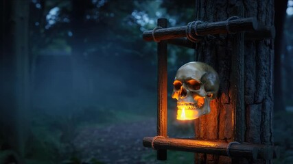 Haunted forest skull lantern glowing eerily creating a suspenseful scene at night time mystery