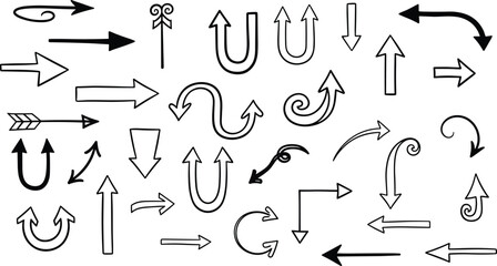 Hand drawn doodle arrows collection with curved, straight, spiral, and decorative direction symbols, sketch style vector illustration design elements