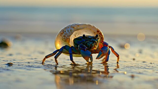 Vibrant hermit crab ambling along sandy beach at sunrise creating a captivating and dynamic scene of nature's resilience and adaptation