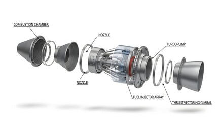 Exploded view of a complex mechanical component with labeled parts showcasing intricate engineering and precision manufacturing in a clean studio setting