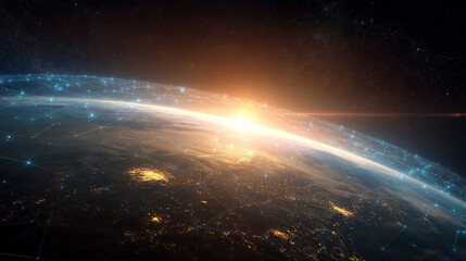 Obraz premium Satellite orbiting Earth at sunrise with glowing horizon and space atmosphere. Futuristic technology concept showing global communication, exploration, and planetary science from orbit.