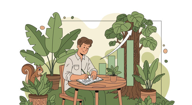 Nature inspired financial planning illustration with rising graph and happy planner