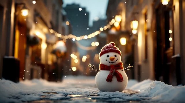 Winter holiday celebration concept. Christmas New Year. A snowman with a red hat and scarf stands in a snowy alleyway. The snowman is adorned with a bright red scarf and a matching red hat.