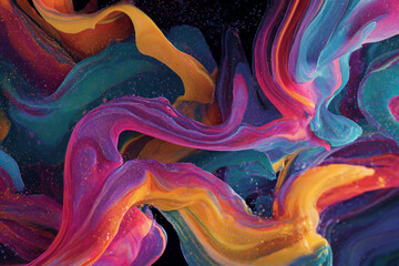 Swirling ribbons of vibrant color with shimmering particles dance against a dark background creating a mesmerizing abstract display
