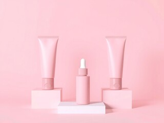Minimalist pink skincare products arranged on cubes for beauty advertising