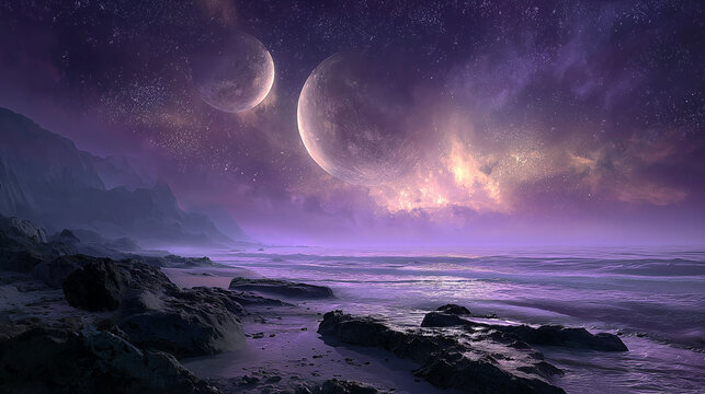 An alien rocky coastline beneath a starry night sky, glowing otherworldly lights and surreal terrain creating a mysterious sci-fi landscape. - Powered by Adobe