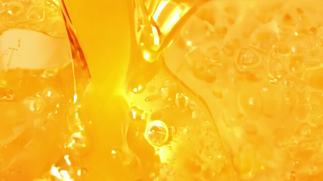 Closeup of honey flowing, Amber honey pouring into syrup pool, Viscous honey cascading into shimmering syrup surface, Detailed closeup capturing viscous honey pouring and settling into syrup