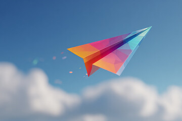 A colorful geometric paper airplane soars through a blue sky with fluffy clouds trailing behind it like a dream