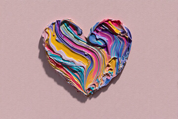 A textured heart shape formed by swirling layers of thick vibrant paint in shades of pink blue yellow and purple against a soft pink background,
