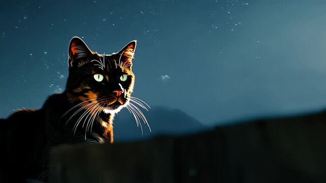 Peaceful cat under moonlight, Quiet feline relaxing peacefully on ridge, Calm cat sits silently beneath glowing night sky, Tranquil feline rests serenely on ridge under shining silver moon