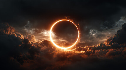 A dramatic solar eclipse with intense contrast and glowing light halo, capturing the celestial alignment in a dark atmospheric sky. Perfect for astronomy, nature, and cosmic themes.