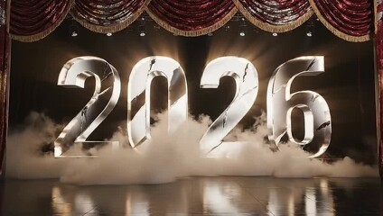 Dramatic Stage Reveal of Year 2026 with Elegant Curtains, Smoke, and Spotlights