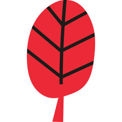 Stylized Red Leaf with Black Veins Isolated on a Transparent Background