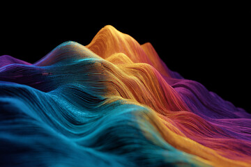 Abstract wavy lines in vibrant blue purple and orange hues against a black background suggesting a flowing landscape