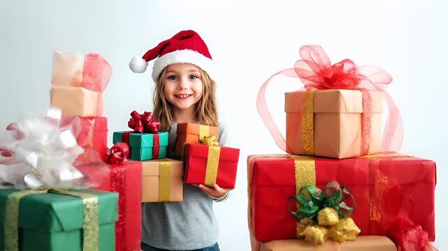 Winter holiday celebration concept. Christmas New Year. A young girl in a Santa hat holds a stack of wrapped presents. She is wearing a gray dress and has a cheerful expression.