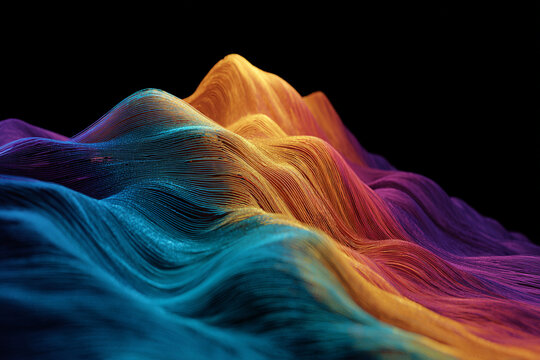 Abstract wavy lines in vibrant blue purple and orange hues against a black background suggesting a flowing landscape