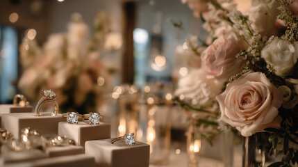 luxury wedding rings display with diamonds, elegant gold bands showcased in warm lighting
