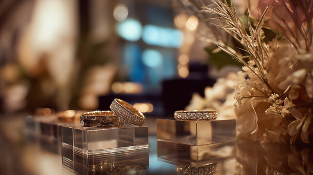 luxury wedding rings display with diamonds, elegant gold bands showcased in warm lighting
