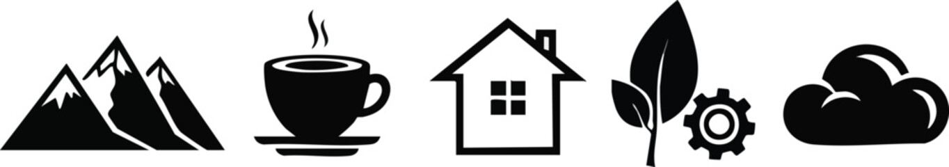 Black and White Icons Representing Nature, Home, and Comfort