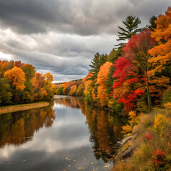 a tranquil river winding through a forest with the