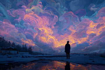 Fototapeta premium A lone figure stands on a snowy landscape gazing at a vibrant surreal sky reflected in the water below, A captivating scene of natural beauty and wonder