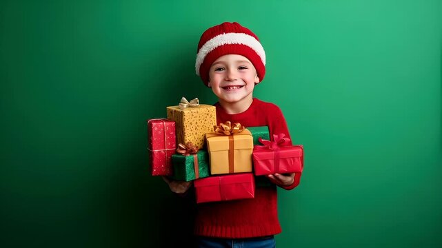Winter holiday celebration concept. Christmas New Year. A young boy in a festive red sweater and Santa hat holds a stack of wrapped presents against a green background.