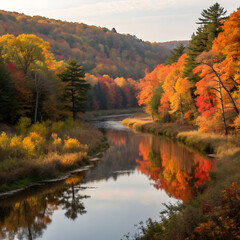 a tranquil river winding through a forest with the