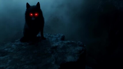 Halloween holiday promotion theme. Spooky scaring. A dark, atmospheric, and atmospheric portrayal of a wolf with glowing red eyes on a rocky outcrop.