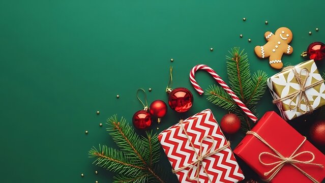 Festive holiday scene with red gifts, wrapped presents, candy cane, gingerbread figure, and green background. Pine cone, ornament, star, and lights evoke Christmas and New Year celebration