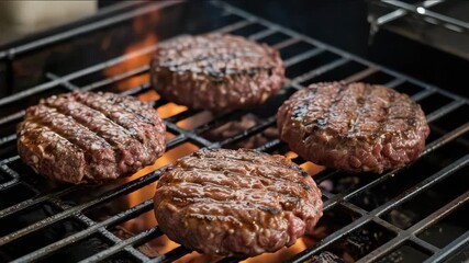 Juicy burgers sizzling on a fiery grill, perfect for summer cookouts and grilling season promotions