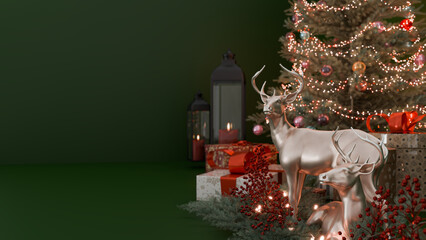 Christmas Deer Figurines with Gifts and Holiday Decorations on Green Background