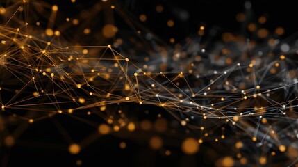 Abstract Gold and Silver Plexus Network Background with Bokeh Lights and Glowing Particles on Dark Backdrop