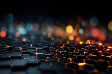 Abstract Hexagonal Surface With Illuminated Edges and Blurry Bokeh Lights in Dark Background
