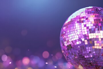 Shining Disco Ball on a Purple Background with Bokeh Effect and Lighting Sparkles