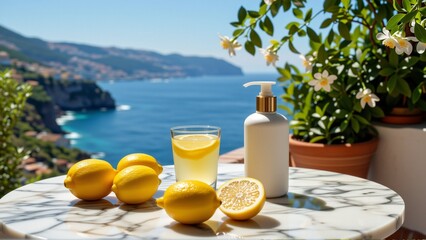 Obraz na płótnie Canvas white marble table glass lemonade bottle lotion six lemons table one which cut half potted plant white flowers right side background beautiful view ocean mountain range sky blue water deep blue green