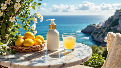 Obraz na płótnie Canvas white marble table basket lemons glass orange juice table set balcony overlooking ocean balcony has beautiful view ocean cliff right side sky blue white clouds sun shining brightly side table white